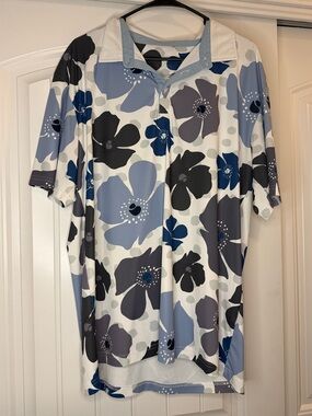 Men's Floral Polo Shirt in White with Blue and Gray Blooms